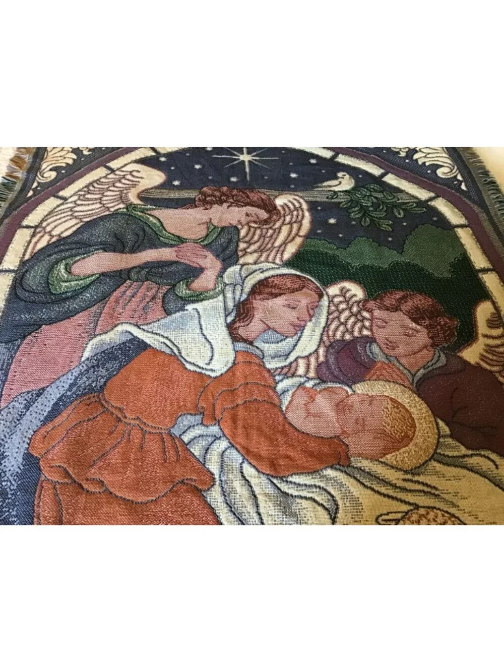 Guardian Angel Woven Tapestry Fringed Edges Vintage Throw Blanket 50 x 62